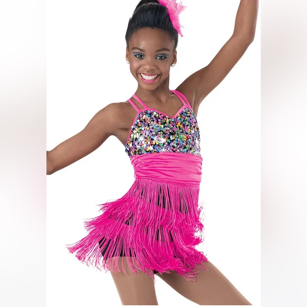 Discontinued Weissman Teach Me How To Shimmy Biketard with Fringe Childs Large‎